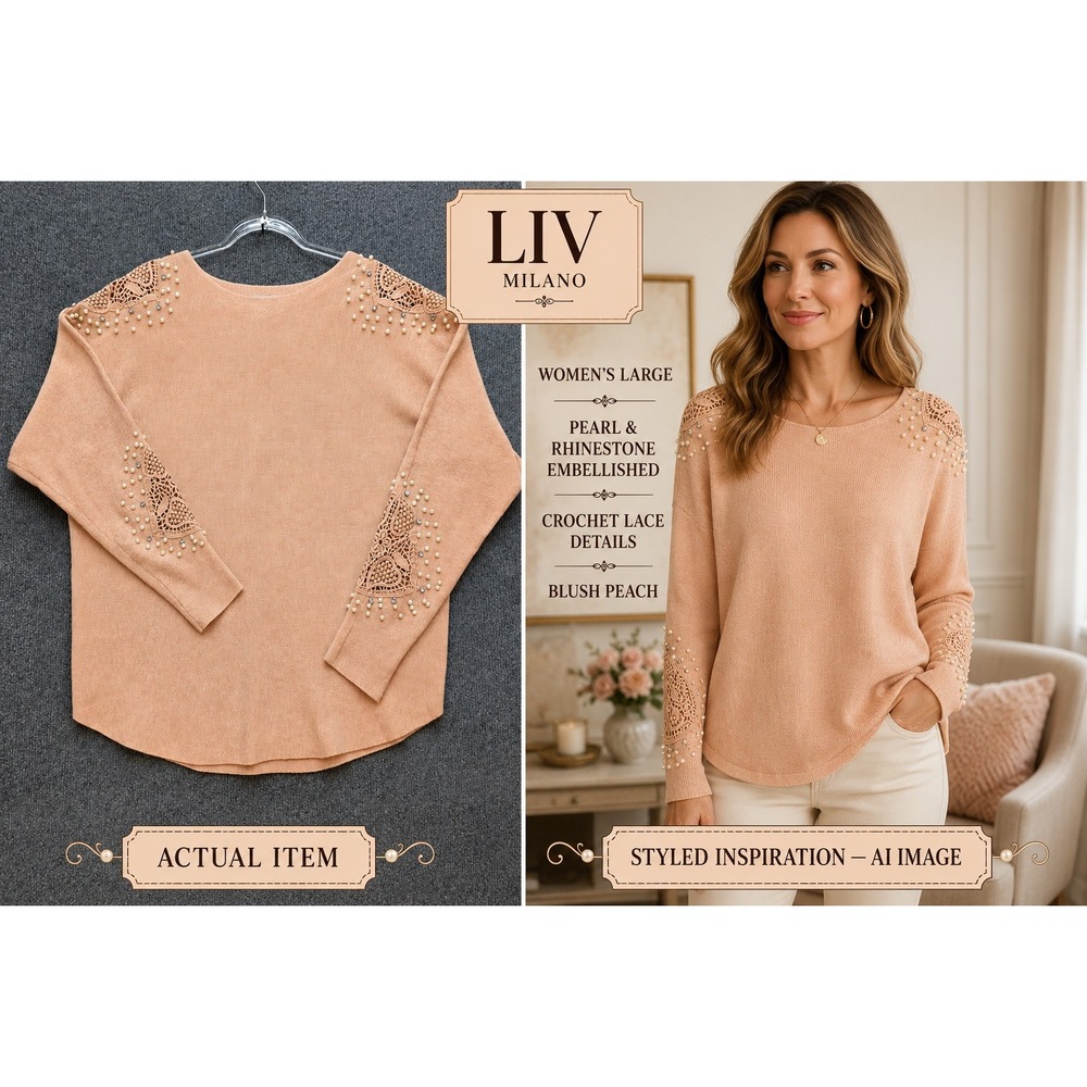 LIV Milano Knit Top Womens Embellished Lace Pearl Peach Large Excellent Romantic